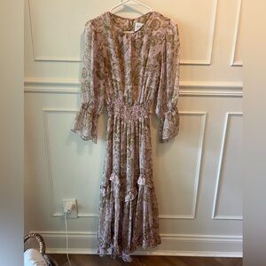 Misa XS Pink Sheer Maxi Dress Long Sleeve Smocked Waist Summer